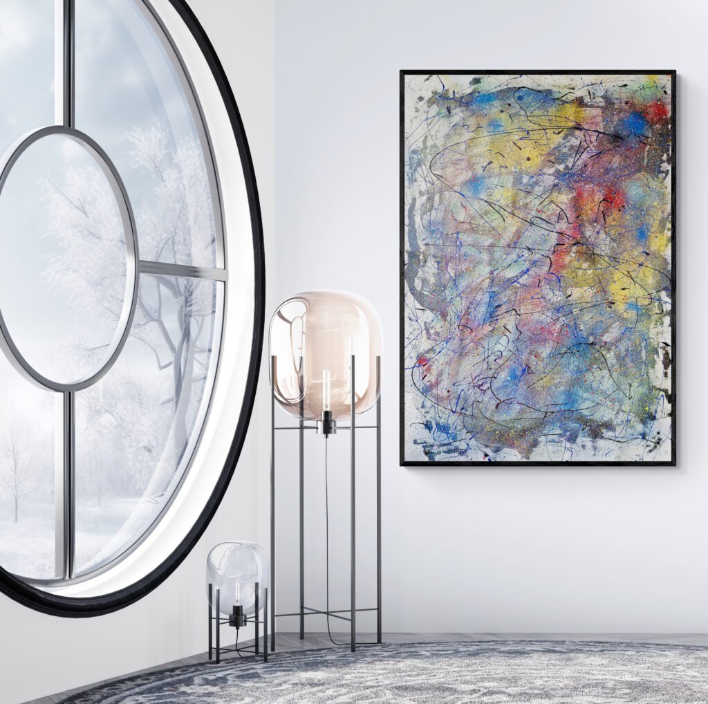 Mirok abstract canvas with vibrant colors elegantly positioned near a large round window and modern lighting fixtures