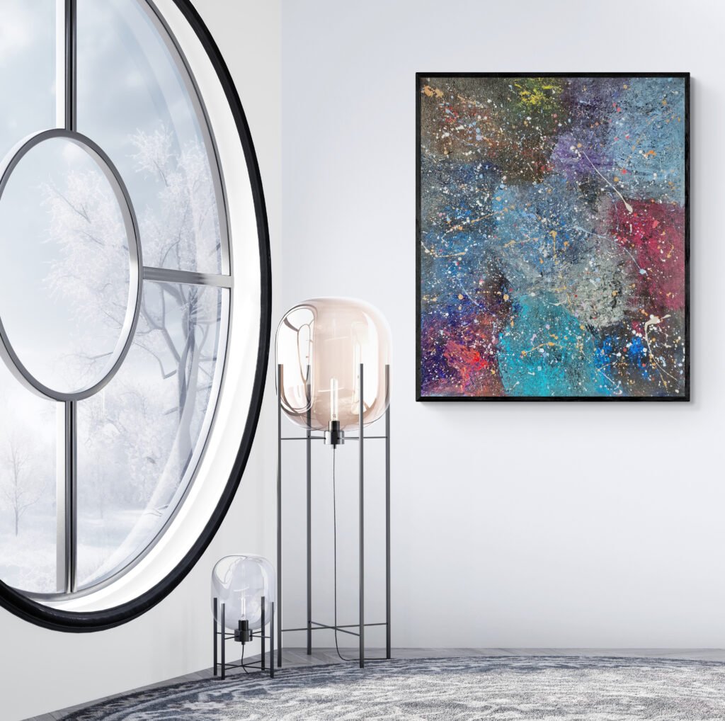 Nebula: Jackson Pollock Style Abstract Canvas set in a contemporary room with a large circular window and elegant glass floor lamps