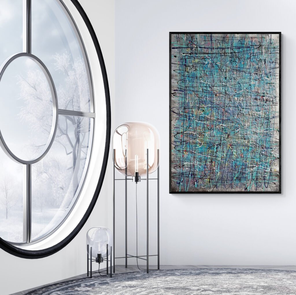 Modern interior with 'Snowkrom' Jackson Pollock Style Canvas, a vibrant drip artwork next to a round window with frosty winter views