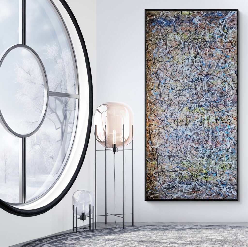 Number 136 - Multicolor abstract canvas showcased in a bright room with a circular window and contemporary decor elements