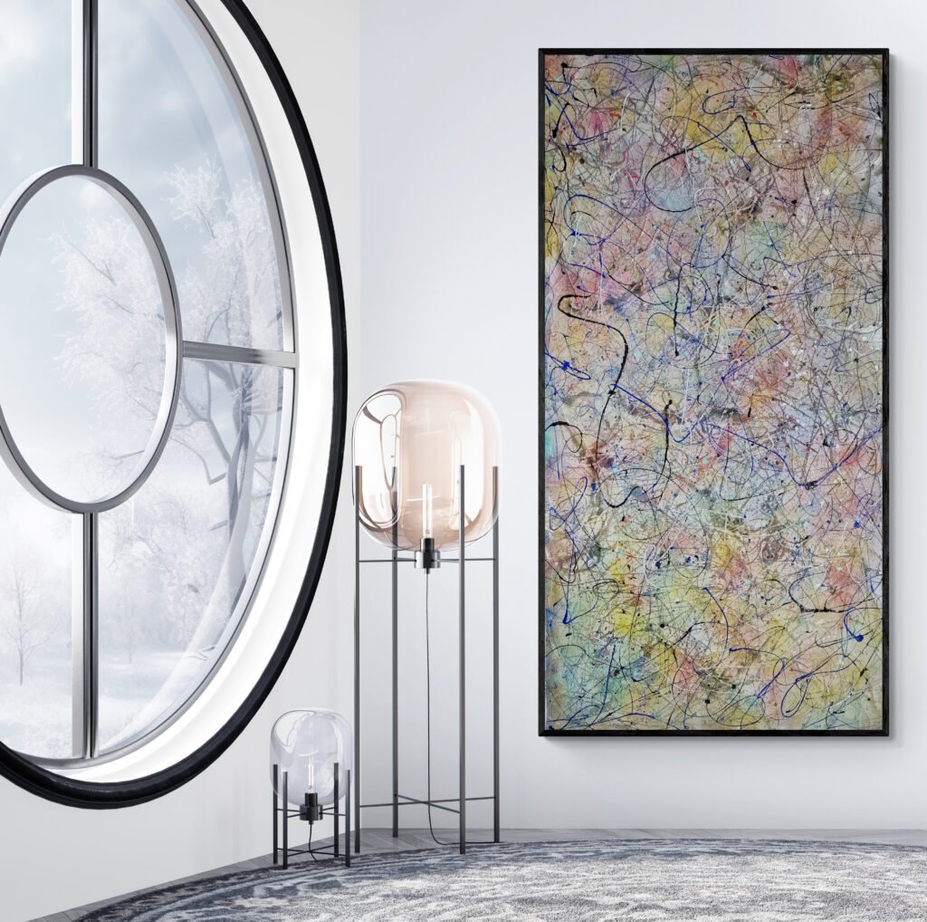 artwork elegantly positioned near a round window with winter views, complementing contemporary decor