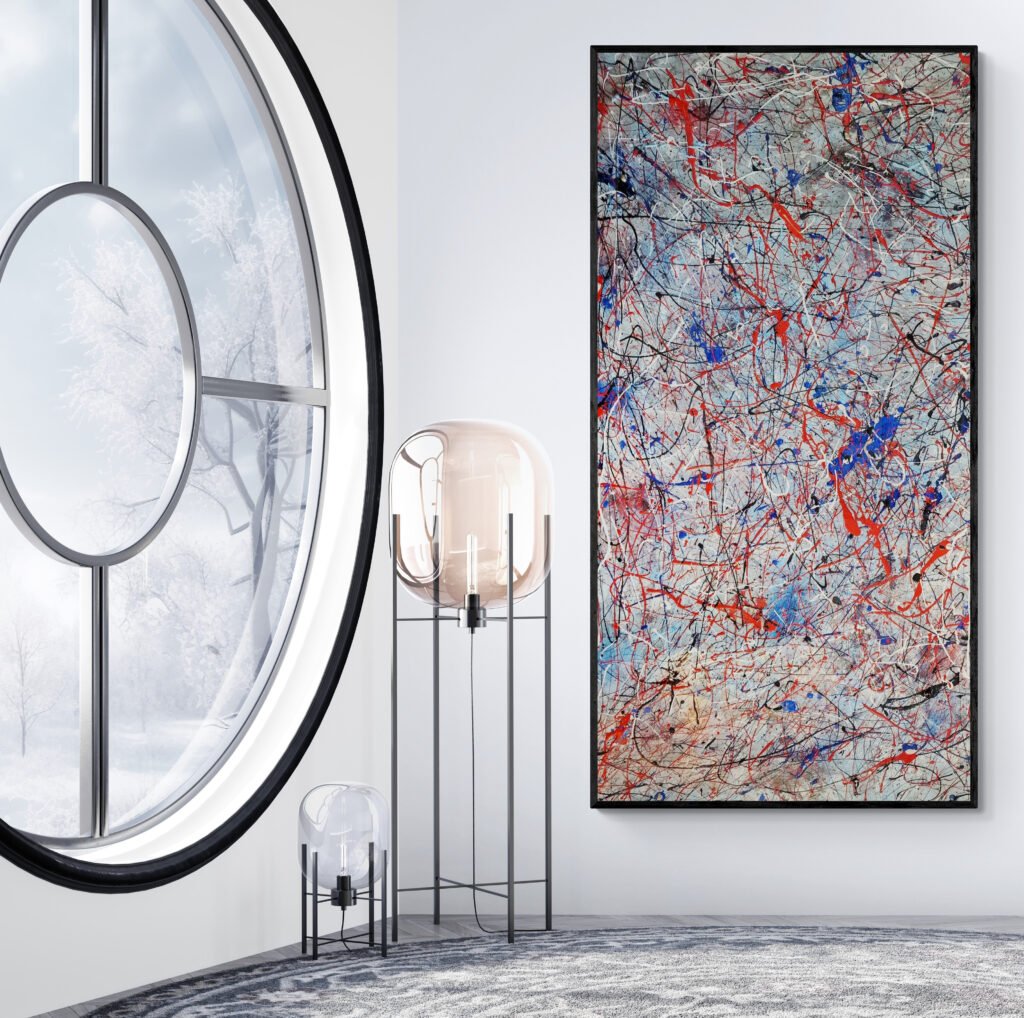 Number 20, Jackson Pollock Inspired Red and Blue Abstract Canvas in a contemporary interior with a round window and winter landscape views