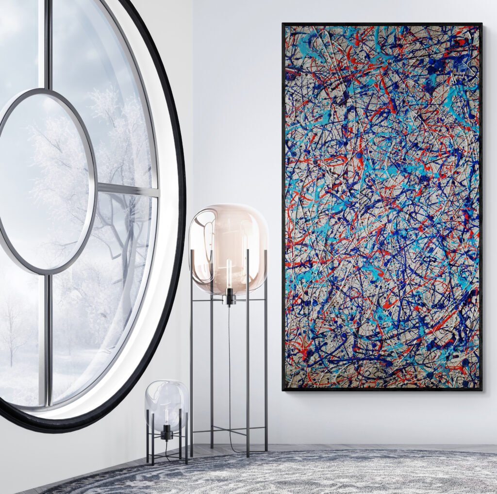 Number 21 – Jackson Pollock Style painting inspired by Martini Racing displayed near a round window with winter views, creating a sophisticated atmosphere