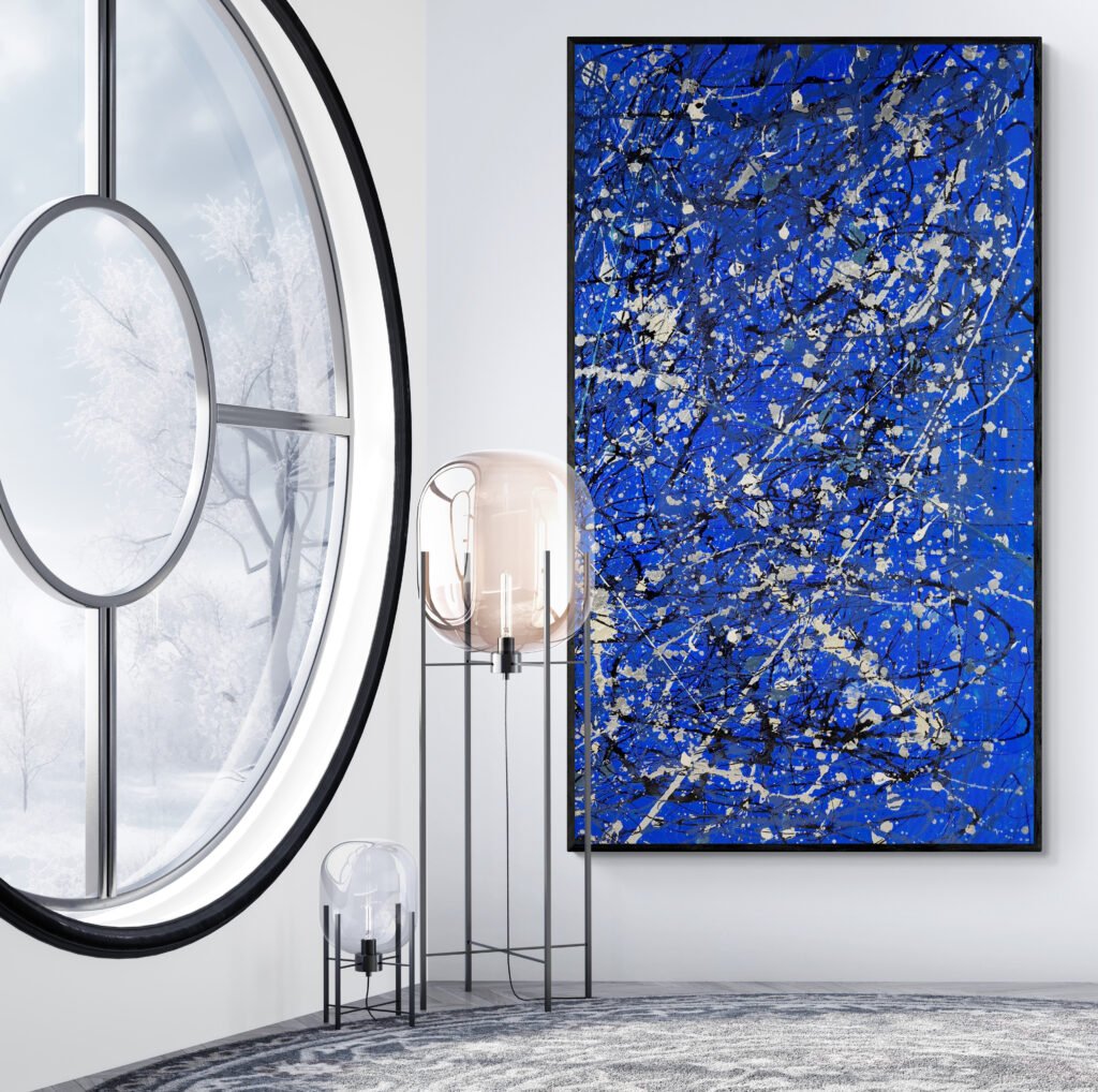 abstract canvas 'Number 25' showcased in a modern interior with a round window and winter views, adding depth and elegance