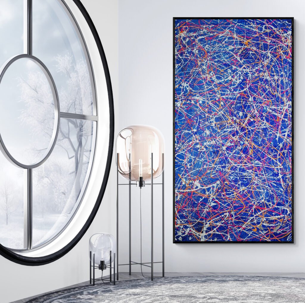 Abstract painting 'Number 52' in a cozy interior with a round window and elegant floor lamps, contrasting the winter scenery outside