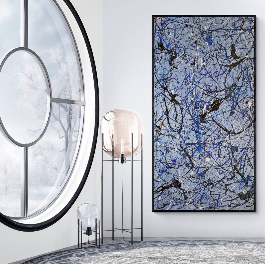 Number 14 – Jackson Pollock-style abstract artwork in blue, white, and silver, decorating a space near a round window with winter views