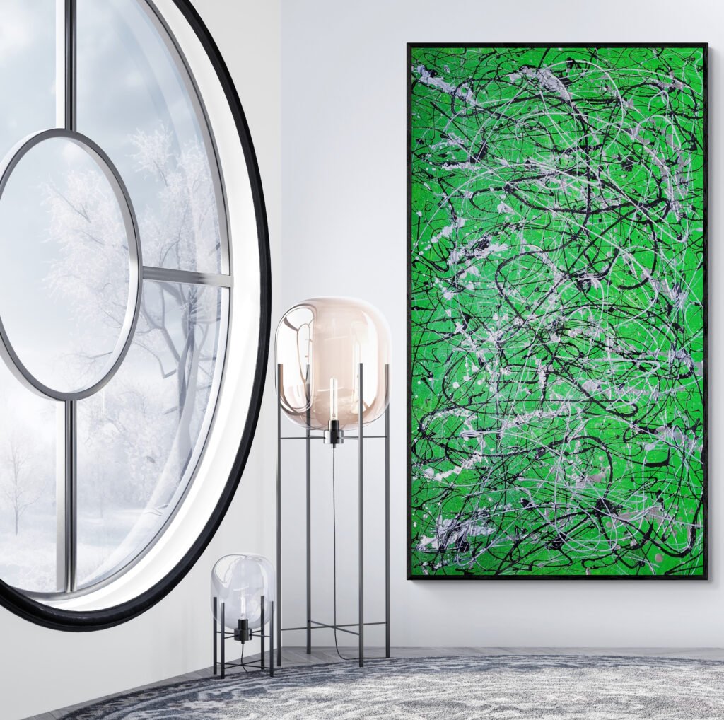 Number 18, Jackson Pollock Style Green Abstract Canvas in a contemporary interior with a round window and winter landscape views