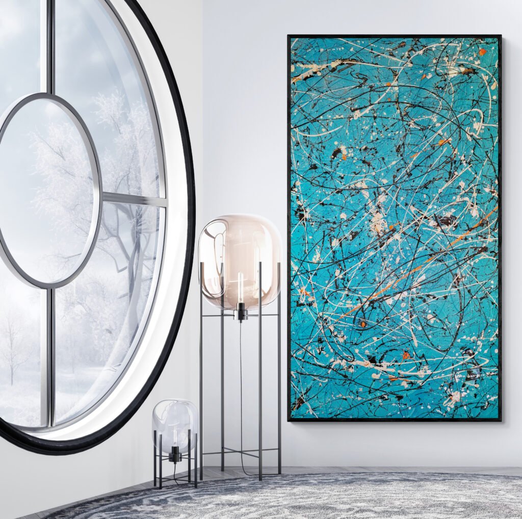 Number 26, Jackson Pollock Style Turquoise canvas, elegantly displayed in a modern room with a circular window and contemporary decor