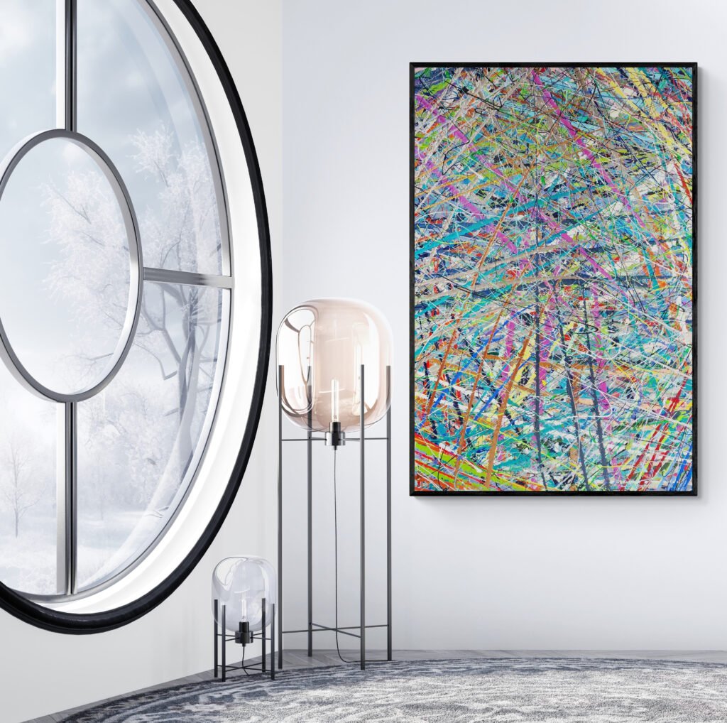 'Free' abstract painting displayed in a modern interior with a round window showcasing winter views, complemented by minimalist furniture