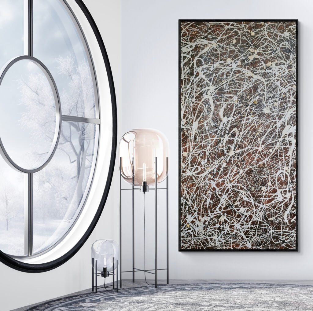 Number 15 – Jackson Pollock Inspired Brown Abstract Canvas elegantly displayed near a circular window with snowy outdoor views