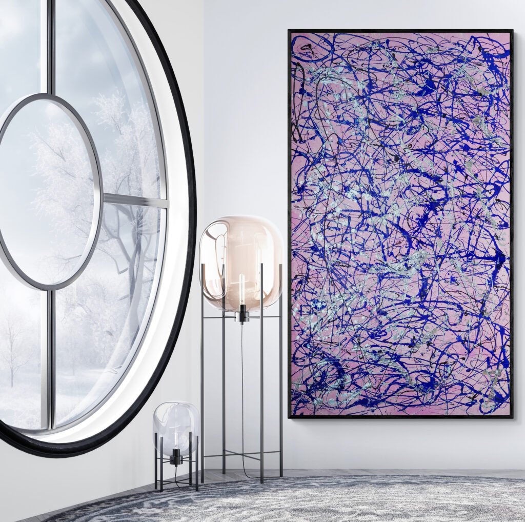 Number 29 – Jackson Pollock Style Pink Abstract Canvas showcased in a serene interior with a round window offering winter views, complemented by soft lighting