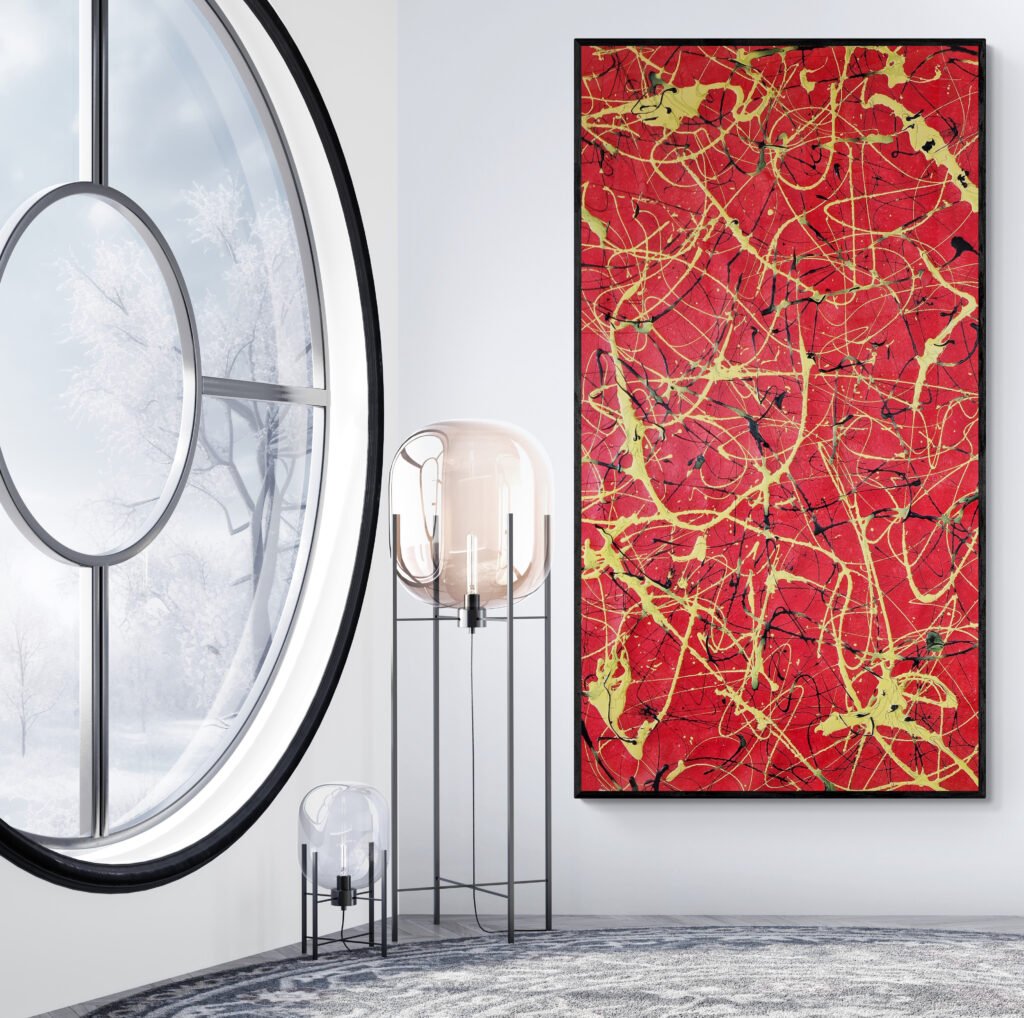 Number 13 – Vibrant Jackson Pollock Style red and yellow abstract artwork illuminating a modern interior with large round window