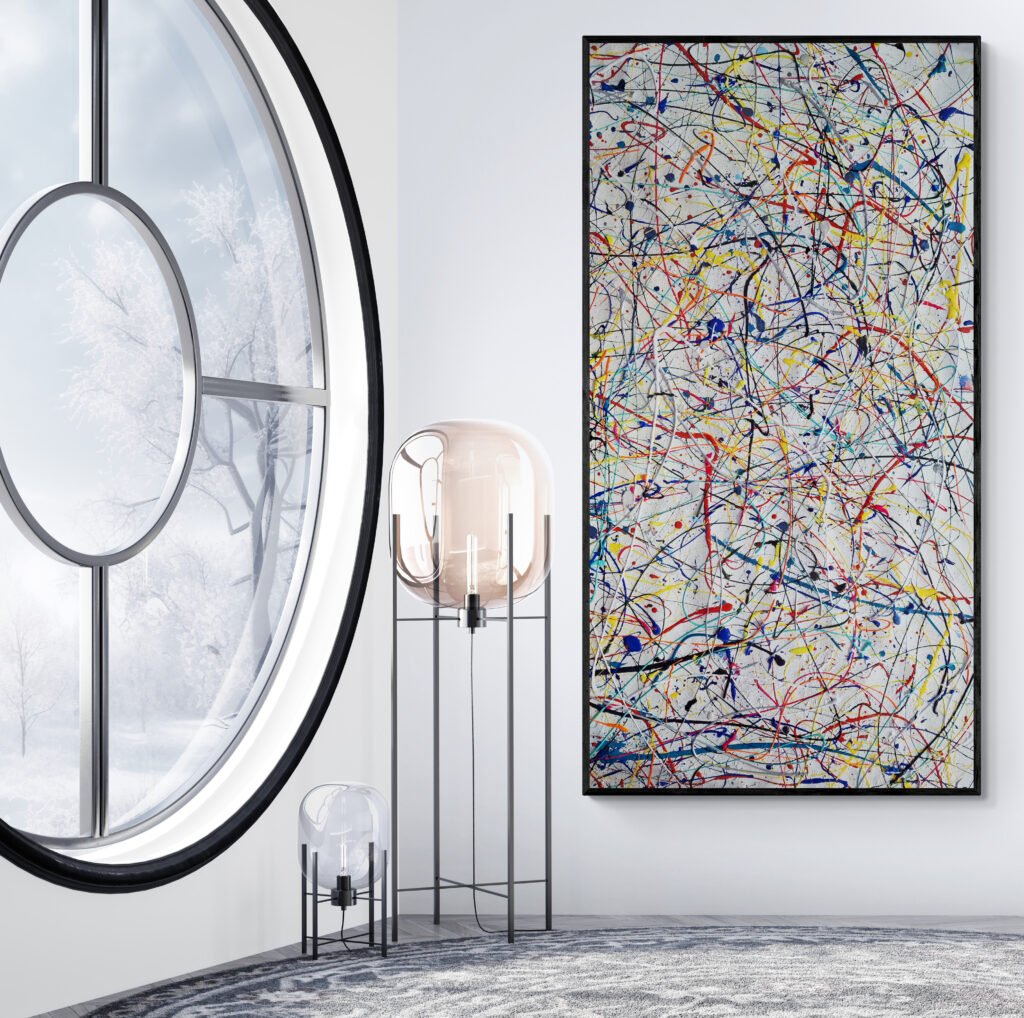 Painting Number 23 in Jackson Pollock style adorning a modern interior with a round window and winter views