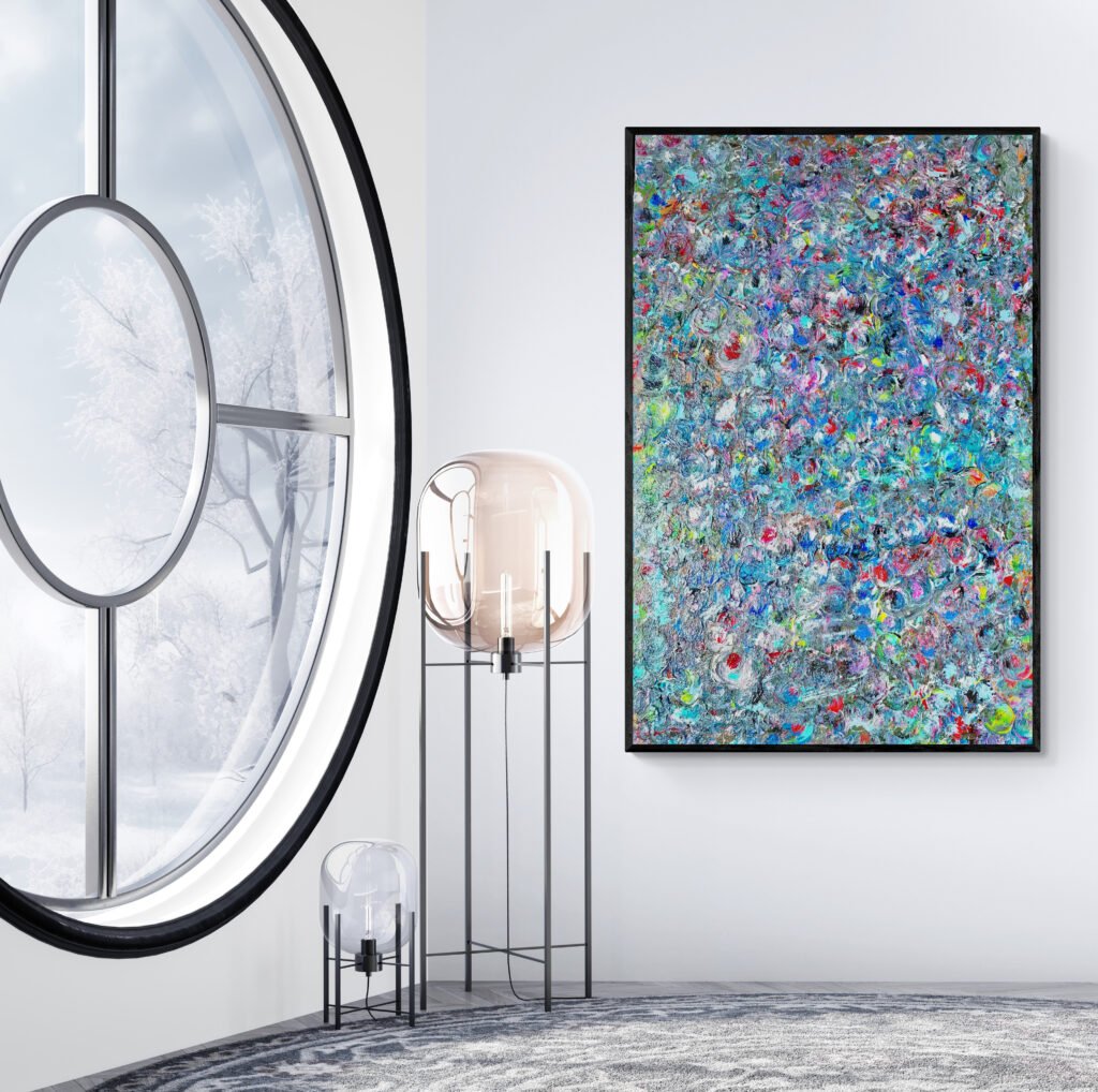 Balk abstract painting displayed in a modern room with a large round window, showcasing a winter landscape