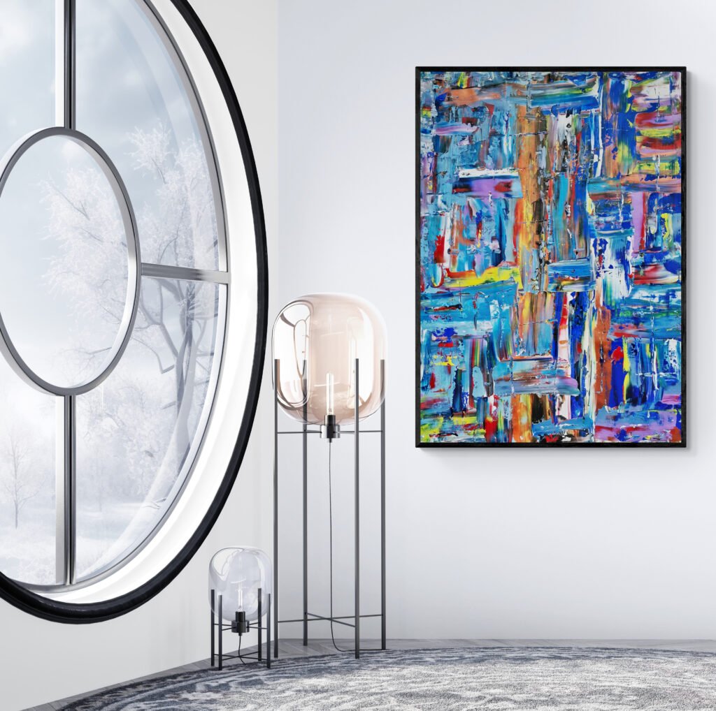 Kaled abstract artwork displayed in a modern interior with a round window offering winter views, complementing the minimalist decor