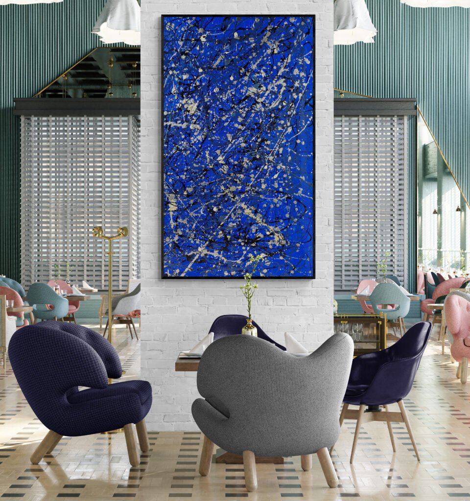 Jackson Pollock Style Blue artwork 'Number 25' displayed as a feature piece in a large open restaurant, enhancing the sophisticated ambiance