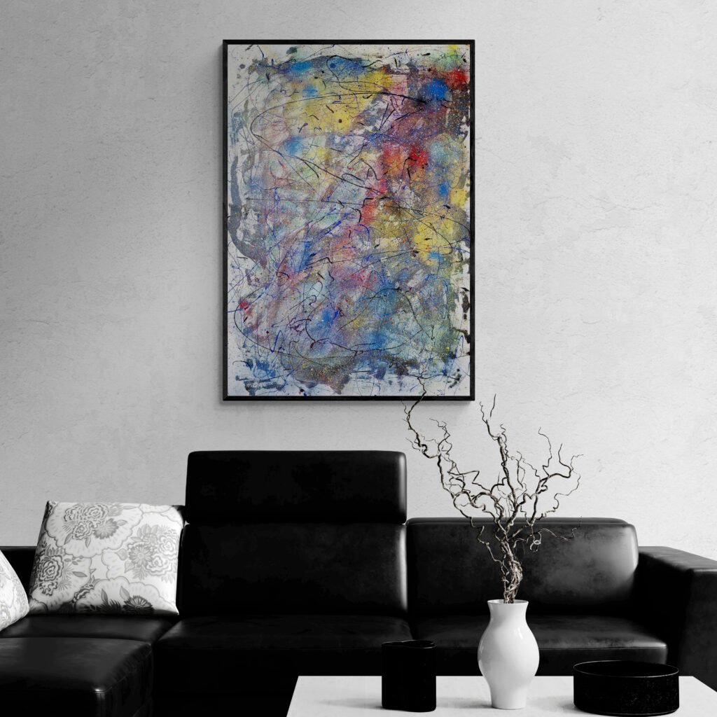 Mirok Pollock-style abstract artwork adding vibrancy to a living room with a black leather sofa and contemporary decor