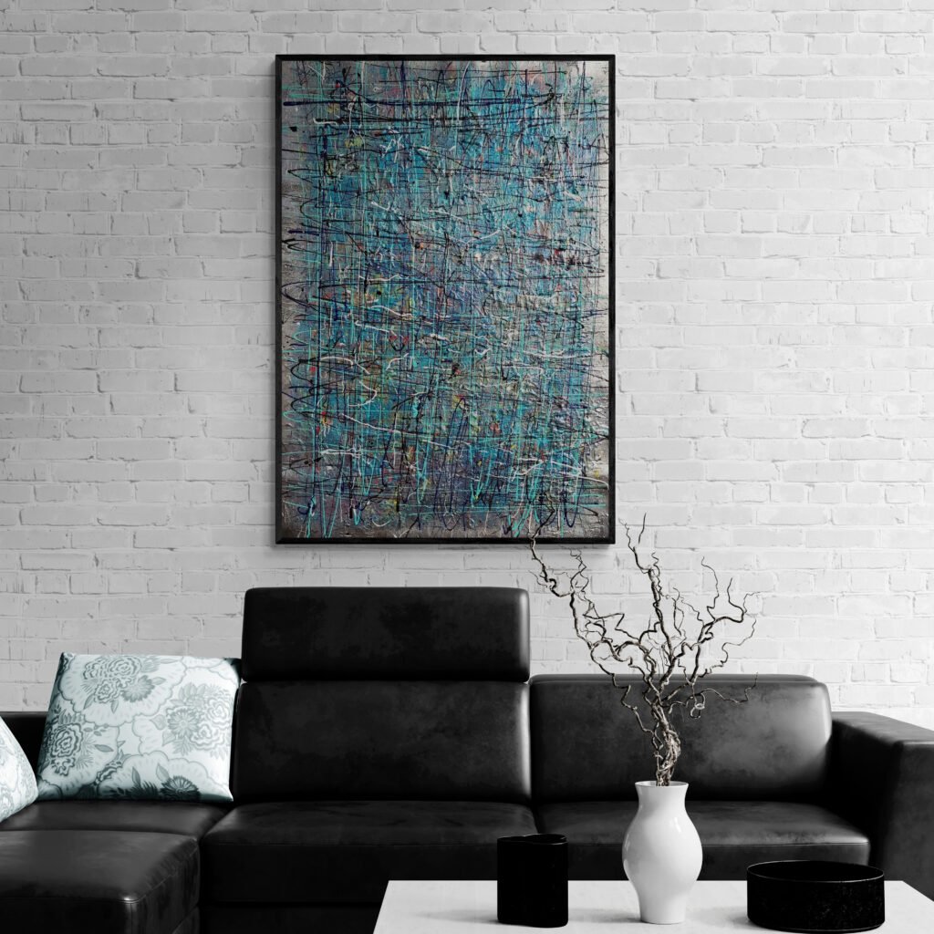 Exclusive 'Snowkrom' Acrylic Drip Painting framed elegantly on a brick wall, paired with modern furniture in a contemporary living room