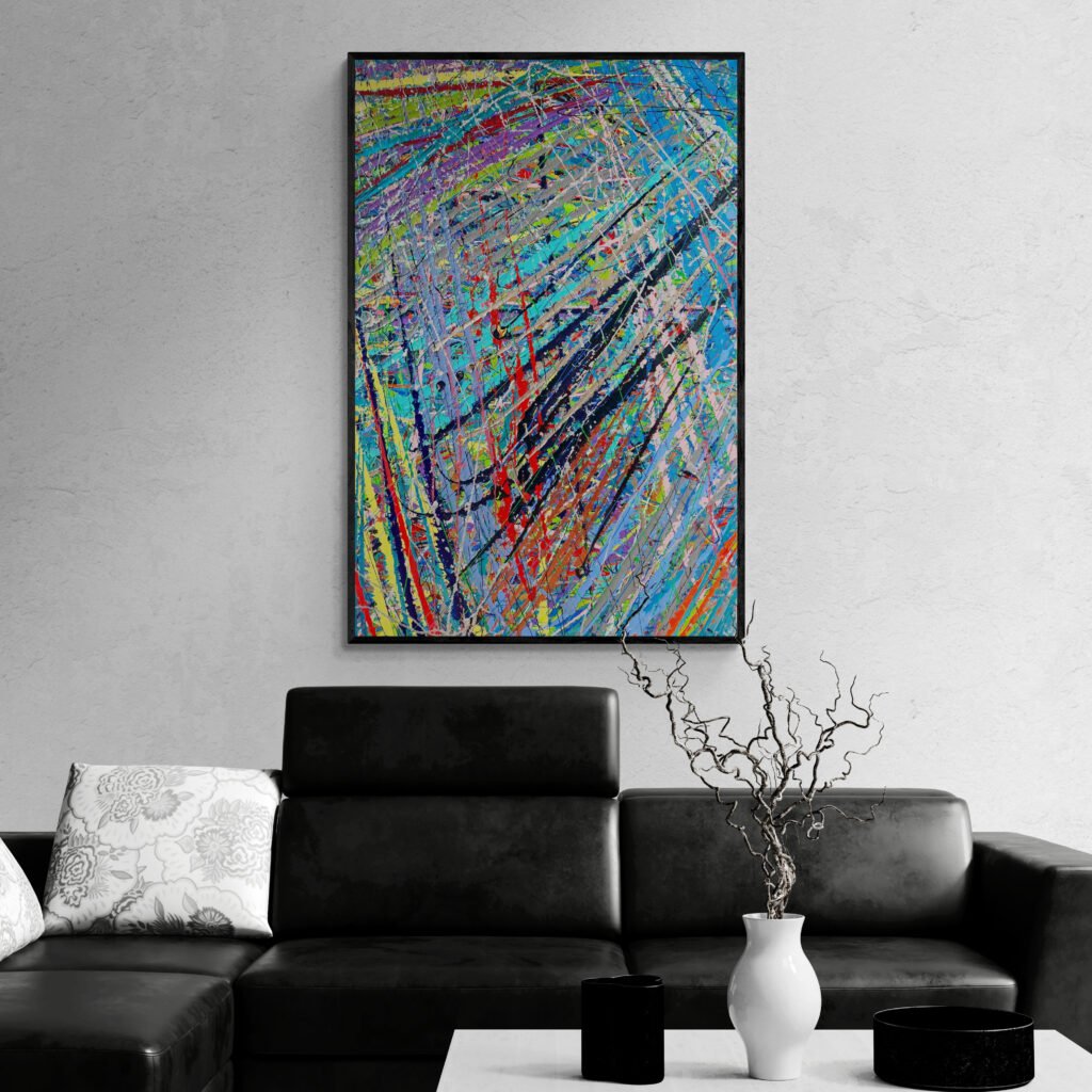 Storm colorful abstract artwork in Pollock's signature style, mounted on a modern white wall above a luxurious black leather sofa