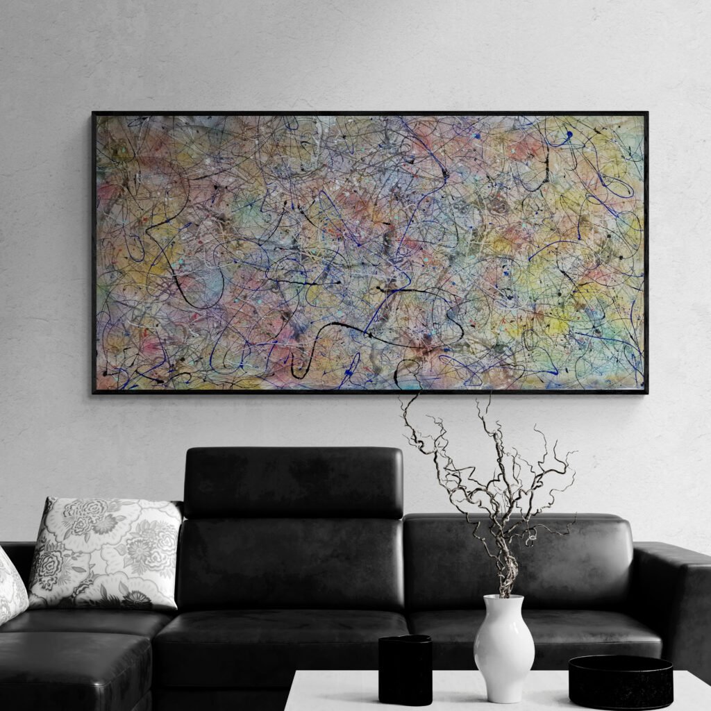 Number 199 abstract painting transforming a stylish living room with a leather sofa and monochrome decor