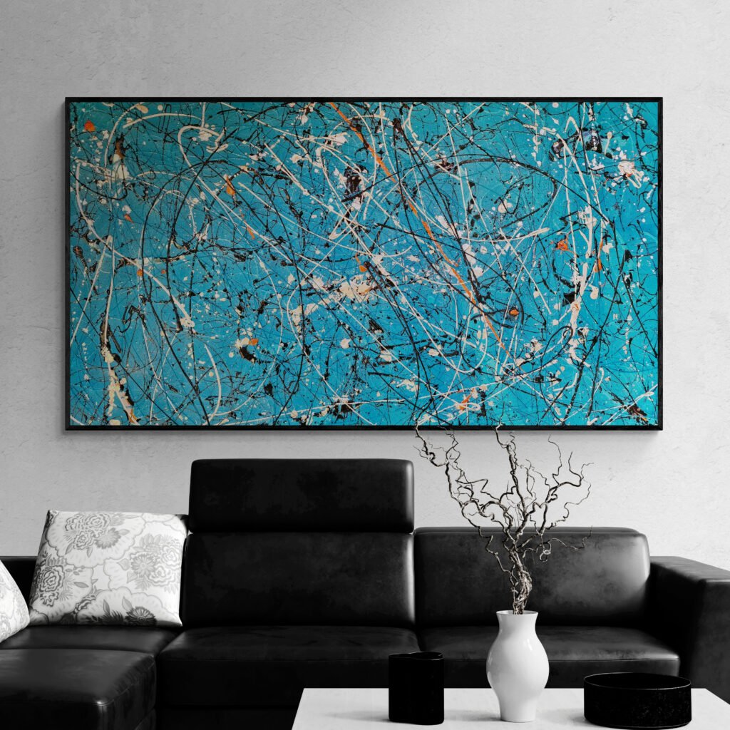 Number 26, Jackson Pollock Style Turquoise artwork, hanging above a black leather sofa in a sophisticated modern interior