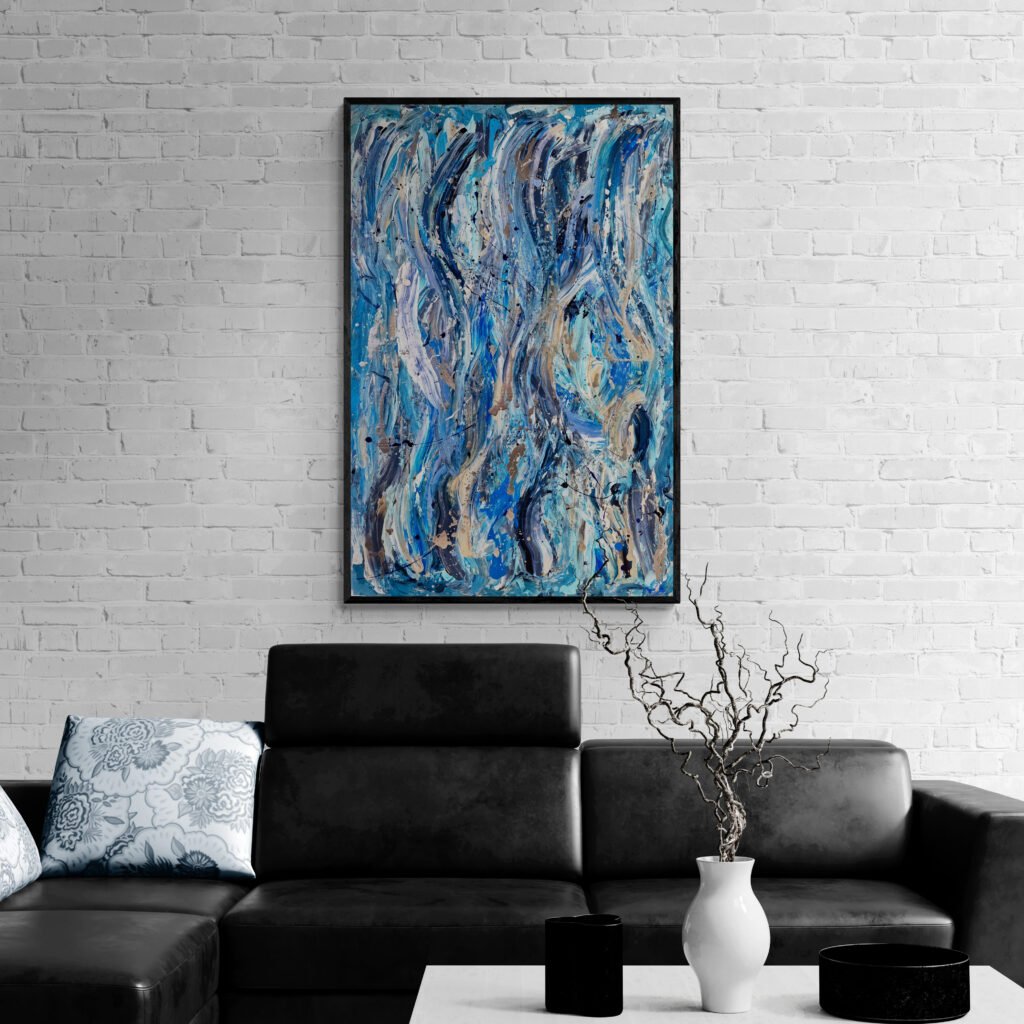 Atlantis abstract canvas enhancing a stylish living room with a leather sofa and minimalist decor