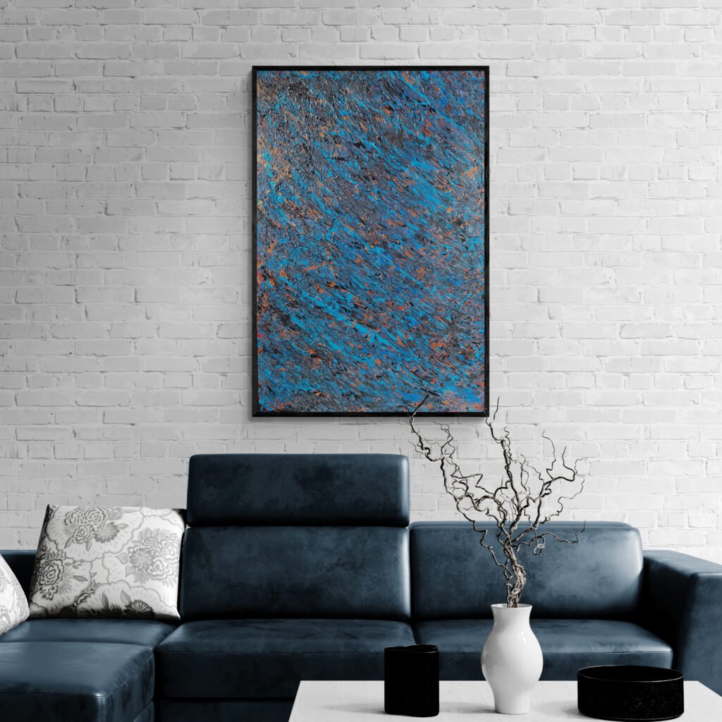 Kobalter abstract painting in cobalt blue and black, complementing a modern living room with a dark leather sofa and minimalist decor