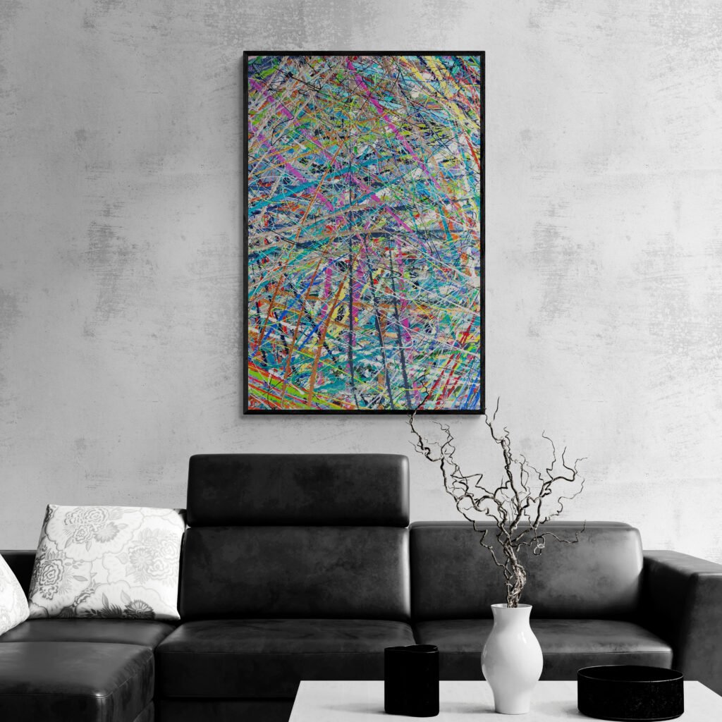 Free' vibrant abstract canvas adorning a contemporary living room with a black leather sofa and minimalist décor