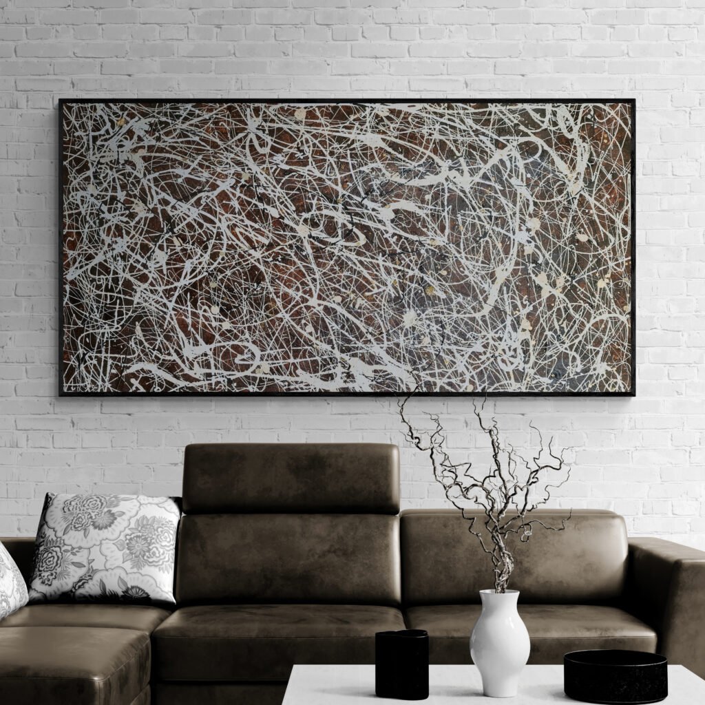 Number 15 – Brown Abstract Canvas complementing a modern living room with a sleek leather sofa and contemporary accents