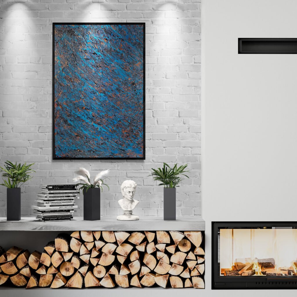 Kobalter abstract painting featured in a cozy living room with a modern fireplace, decorative wood logs, and spotlighting