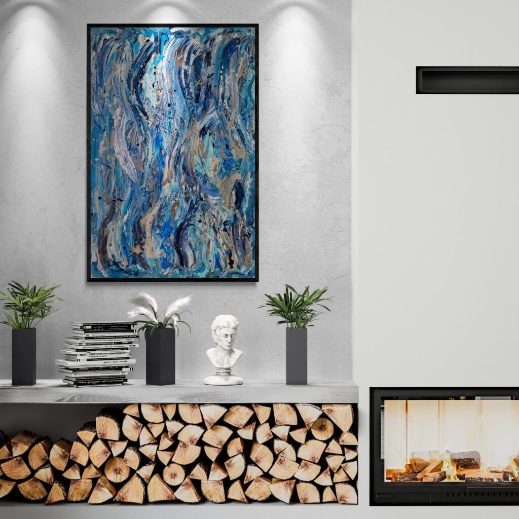 Atlantis abstract canvas Jackson Pollock Style Blue featured on a spotlit wall in a contemporary living room with a fireplace and elegant decor