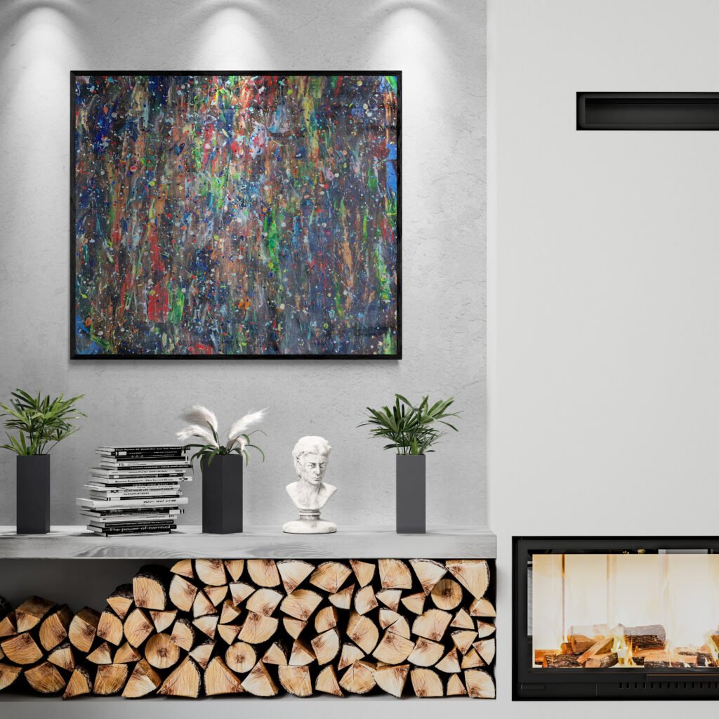 Krain painting illuminated by spotlights above a fireplace, surrounded by modern decor and natural elements, emphasizing its metallic and colorful details