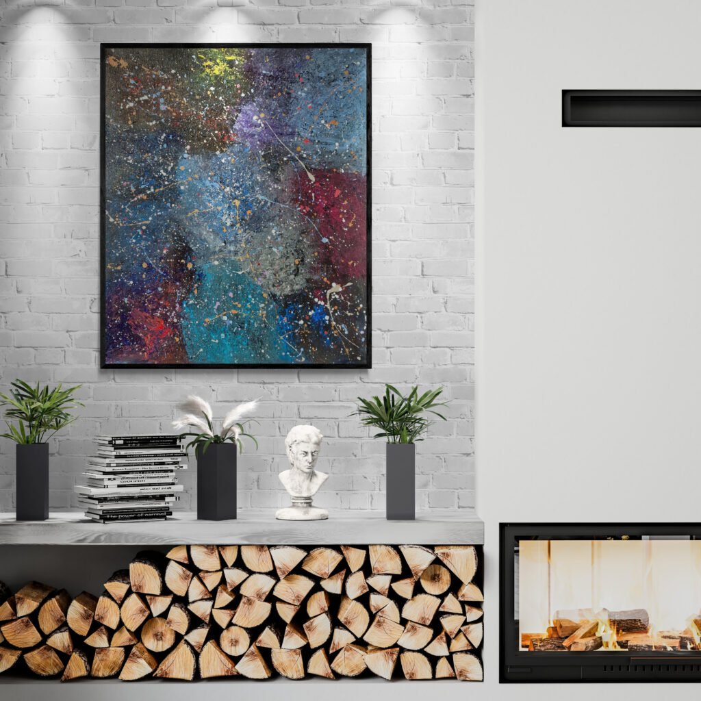 Nebula: Colorful Abstract Canvas in Jackson Pollock's style placed above a fireplace, styled with plants and decor accents in a cozy living room