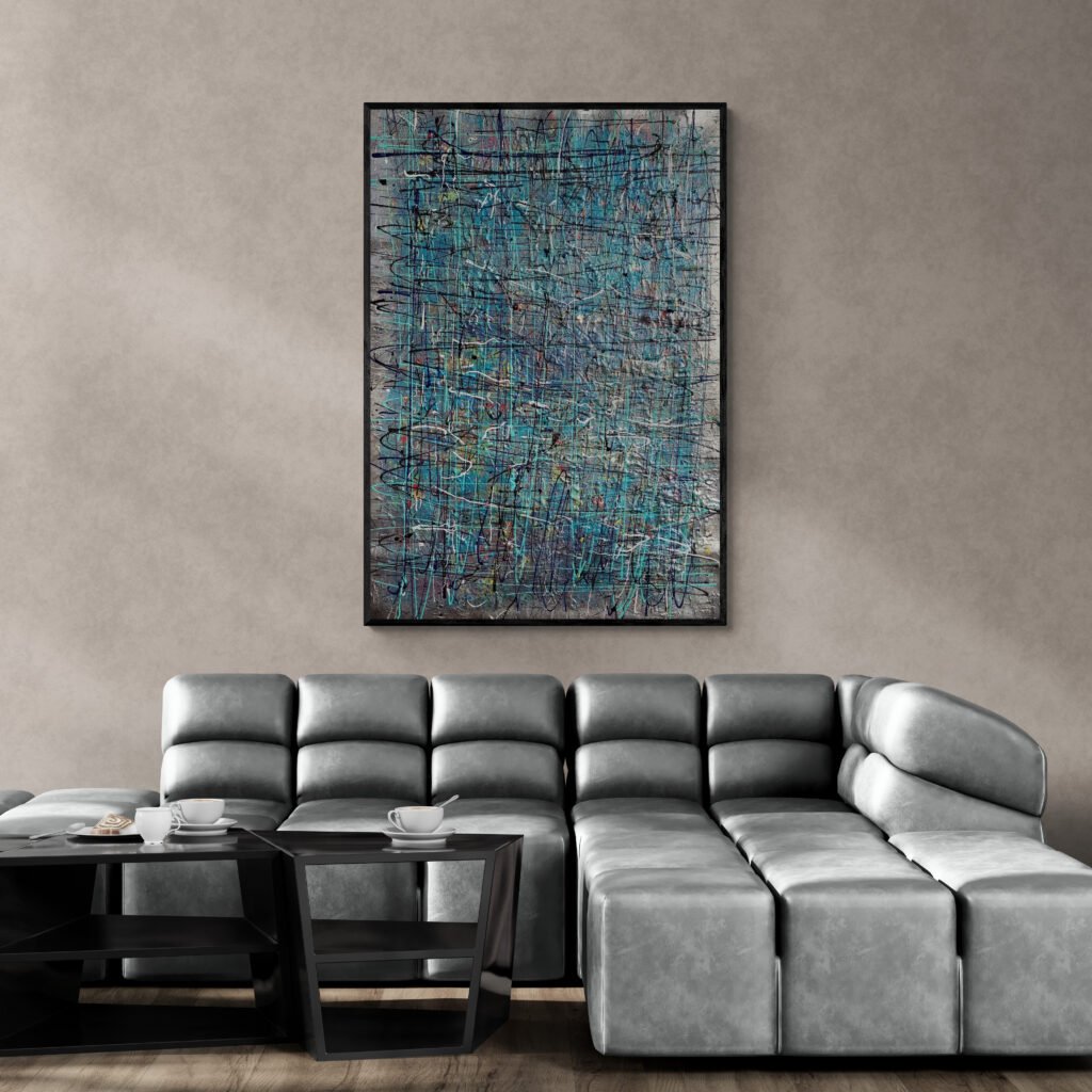 Snowkrom' Exclusive Abstract Art Canvas displayed above a sleek and modern leather sofa, adding vibrancy to the room's minimalist aesthetic