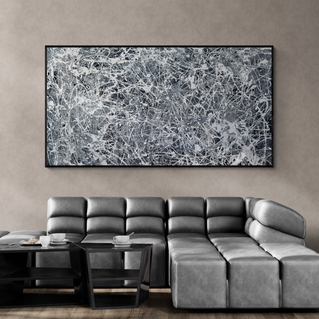 Number 30 - Monochrome Jackson Pollock Style Painting hung above a sleek modern leather sofa, complementing the room's minimalist aesthetic