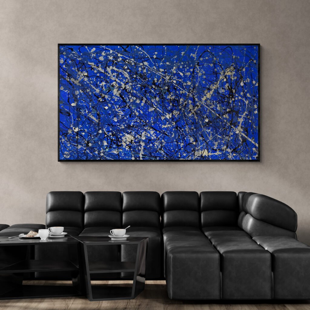 Jackson Pollock Style Blue canvas 'Number 25' adorning a living room with a modern leather sofa, exuding a contemporary artistic flair