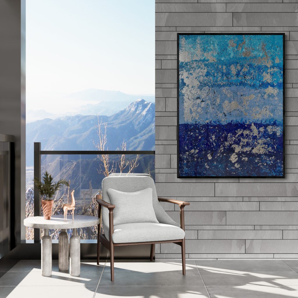 Blur abstract painting enhancing a modern living room with breathtaking mountain views