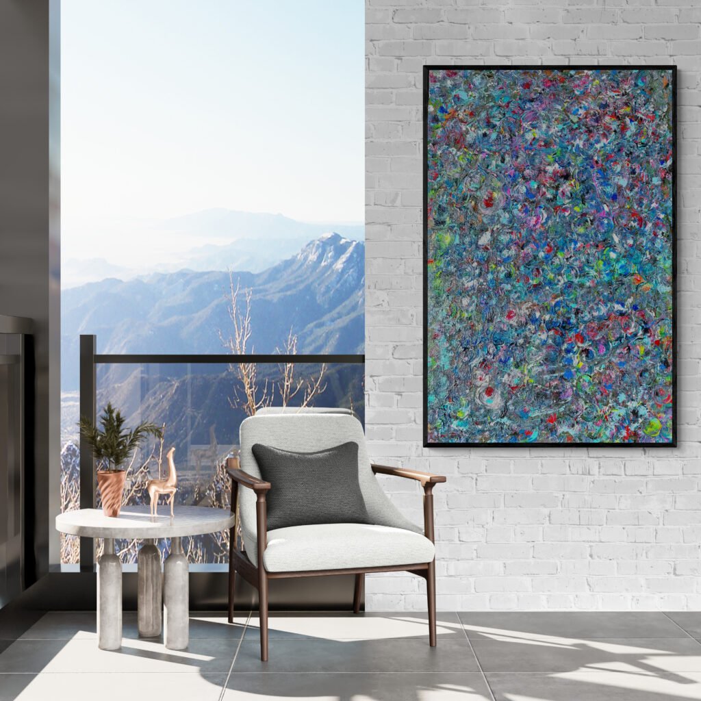 Balk abstract painting enhancing a modern living room with panoramic mountain views and contemporary furniture