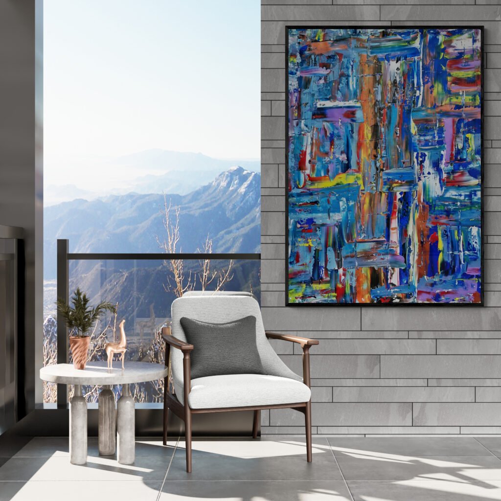 Kaled abstract painting featured in a serene living space with breathtaking mountain views through a large window