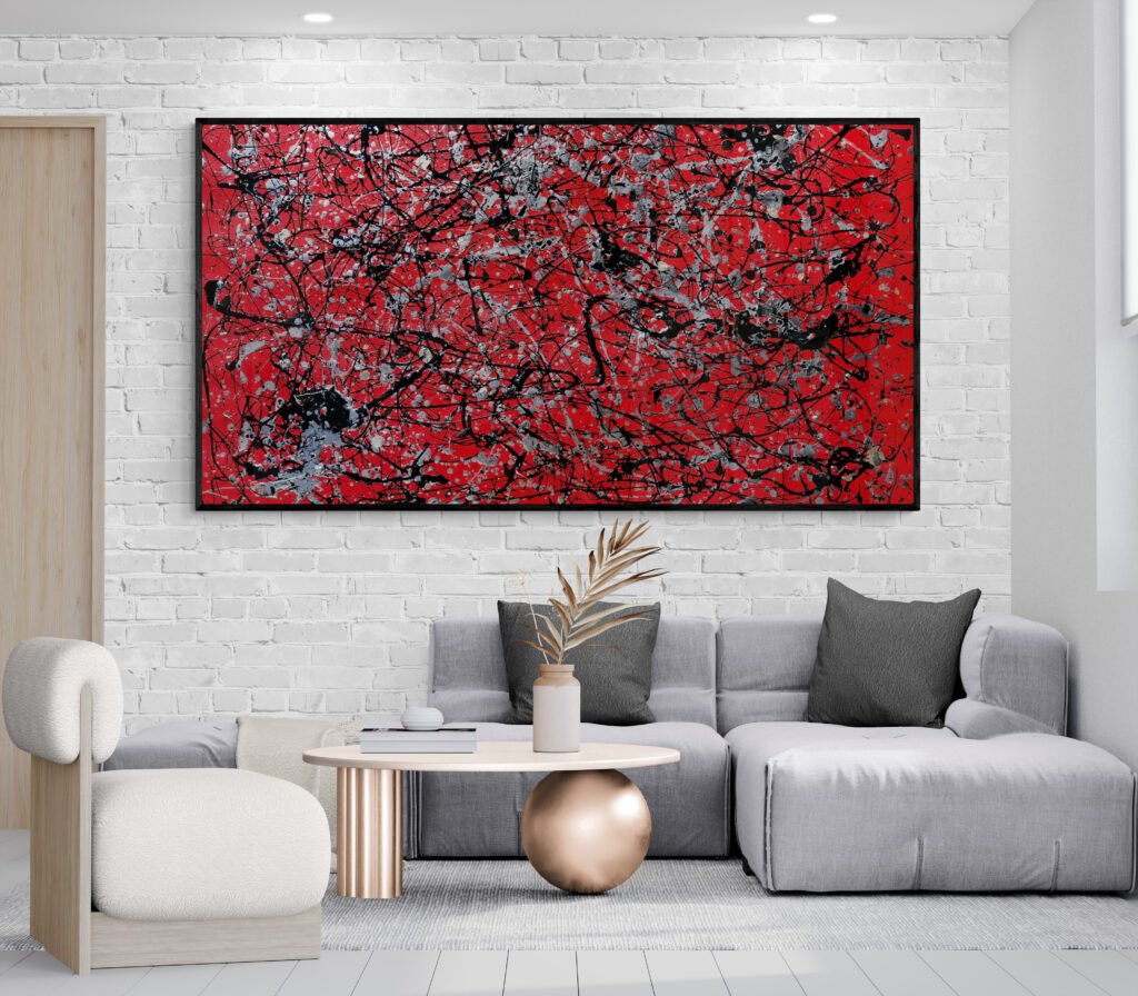 Number 12 Jackson Pollock-style red abstract canvas displayed in a cozy living room with a unique coffee table and minimalist decor