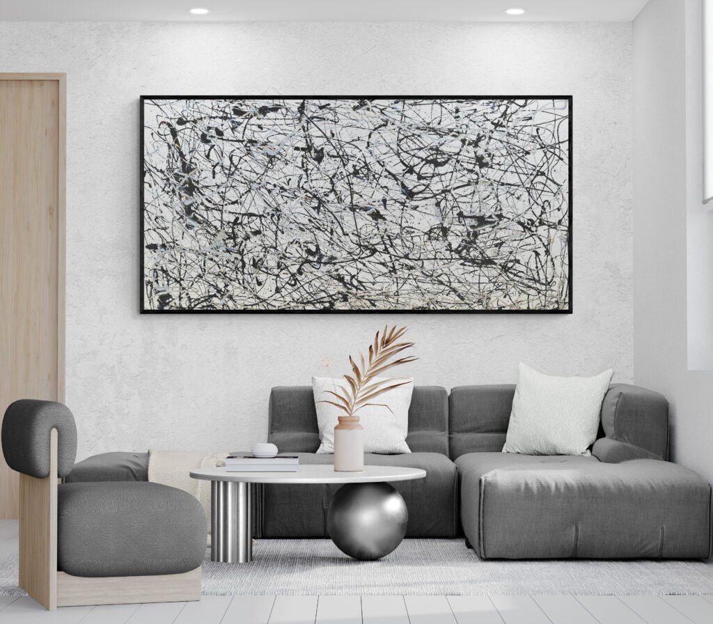 Number 7, modern Jackson Pollock Style black-and-white artwork, perfectly integrated into a stylish living room with contemporary decor