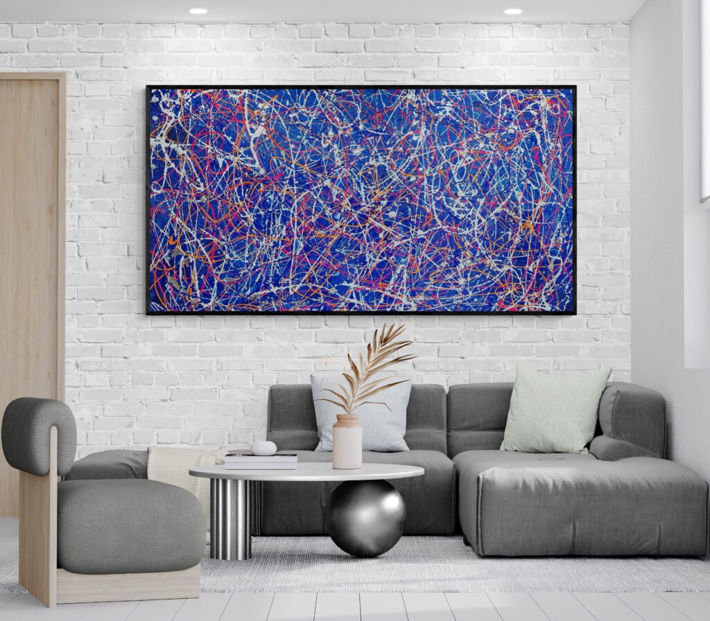 Vivid painting 'Number 52' brightens a modern living room with a unique coffee table and comfortable gray sofas