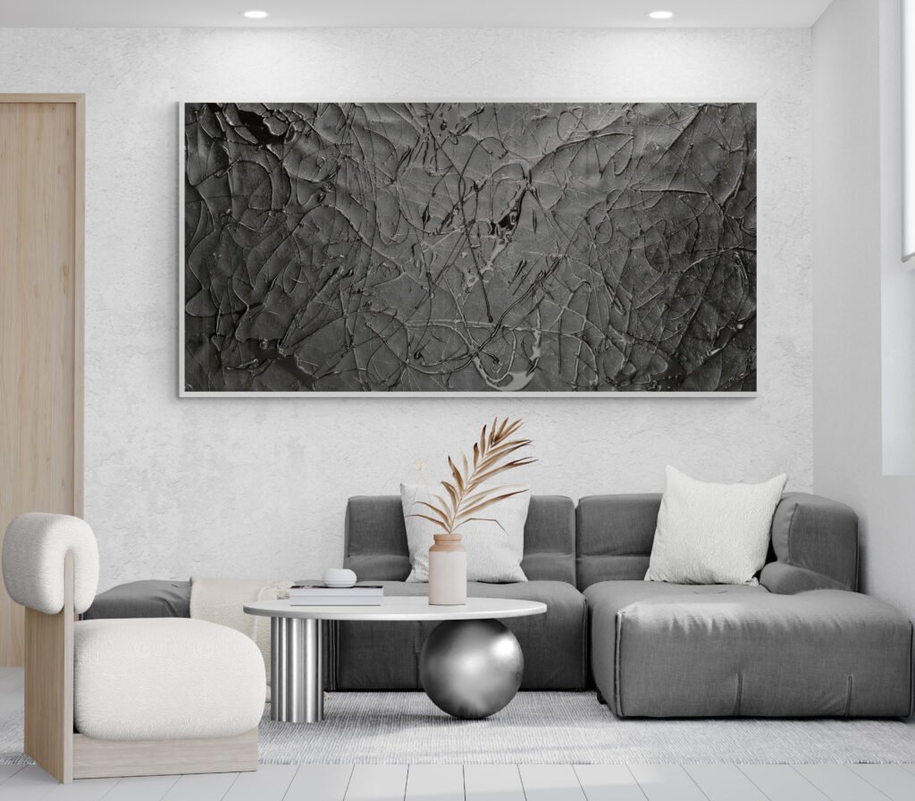 Number 00 – Unique handcrafted Jackson Pollock Style Canvas, adding a touch of modern elegance to a living room with contemporary furniture and decor