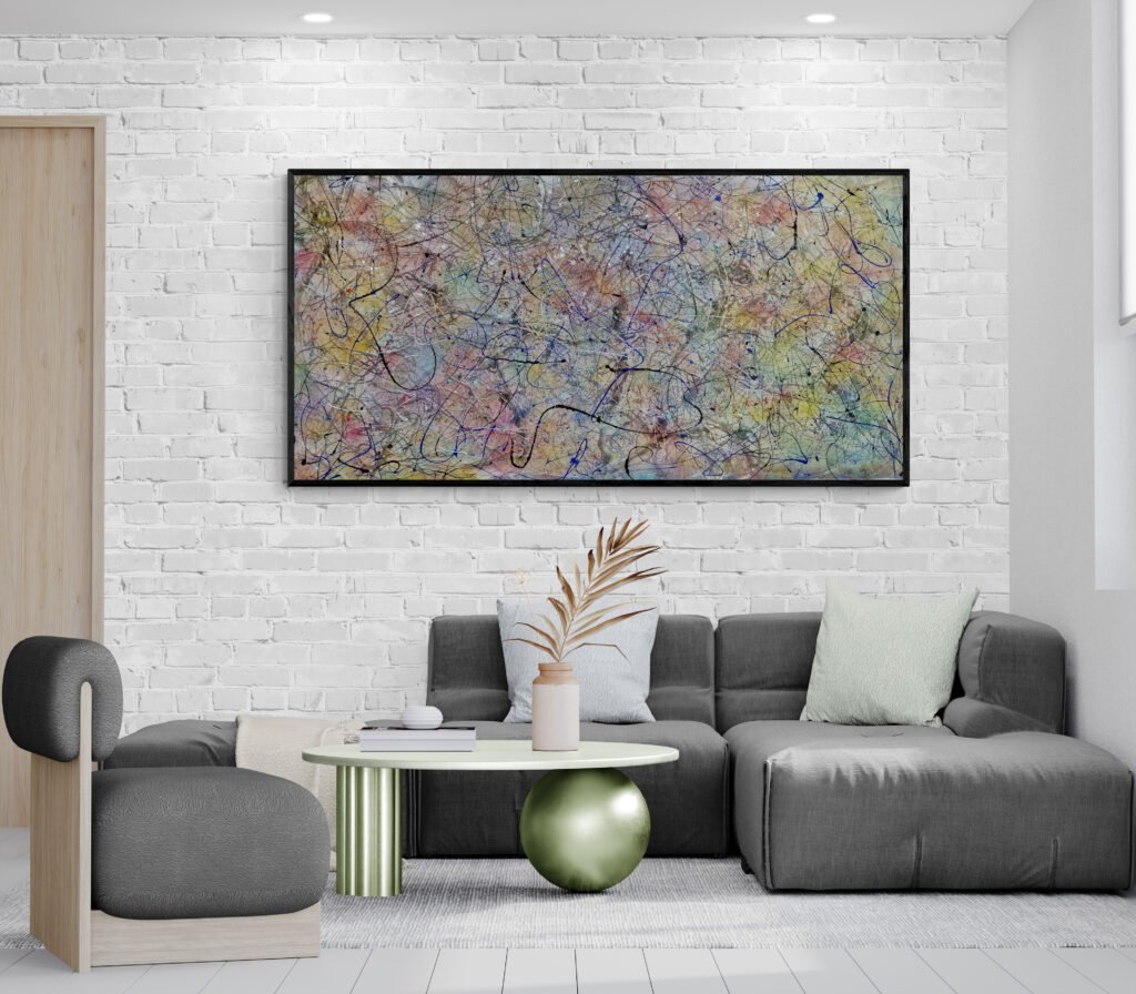 Number 199 Pollock-style canvas adding vibrant energy to a living room with a unique coffee table and modern furnishings