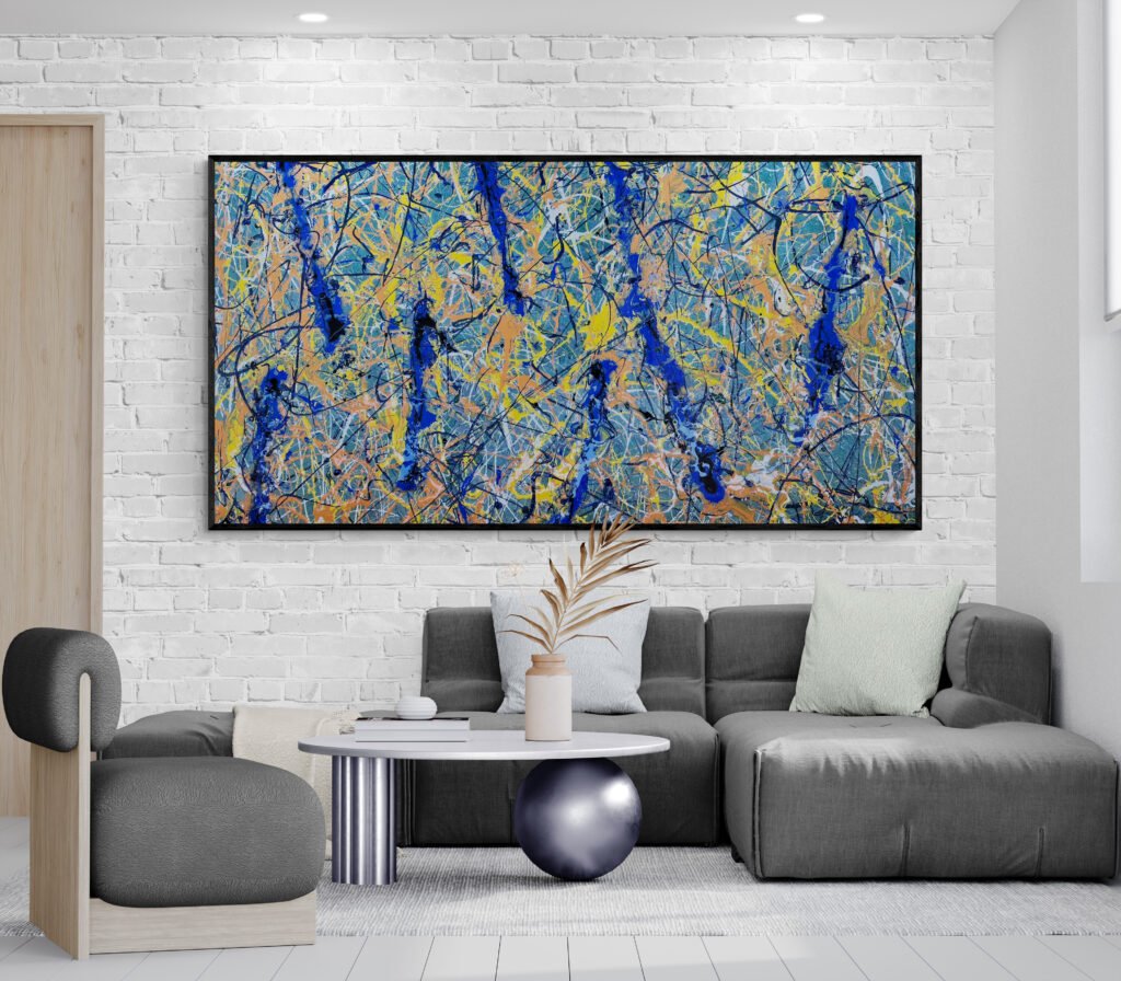 Number 11 – Blue Poles canvas art prominently displayed in a contemporary living room, complementing the modern decor