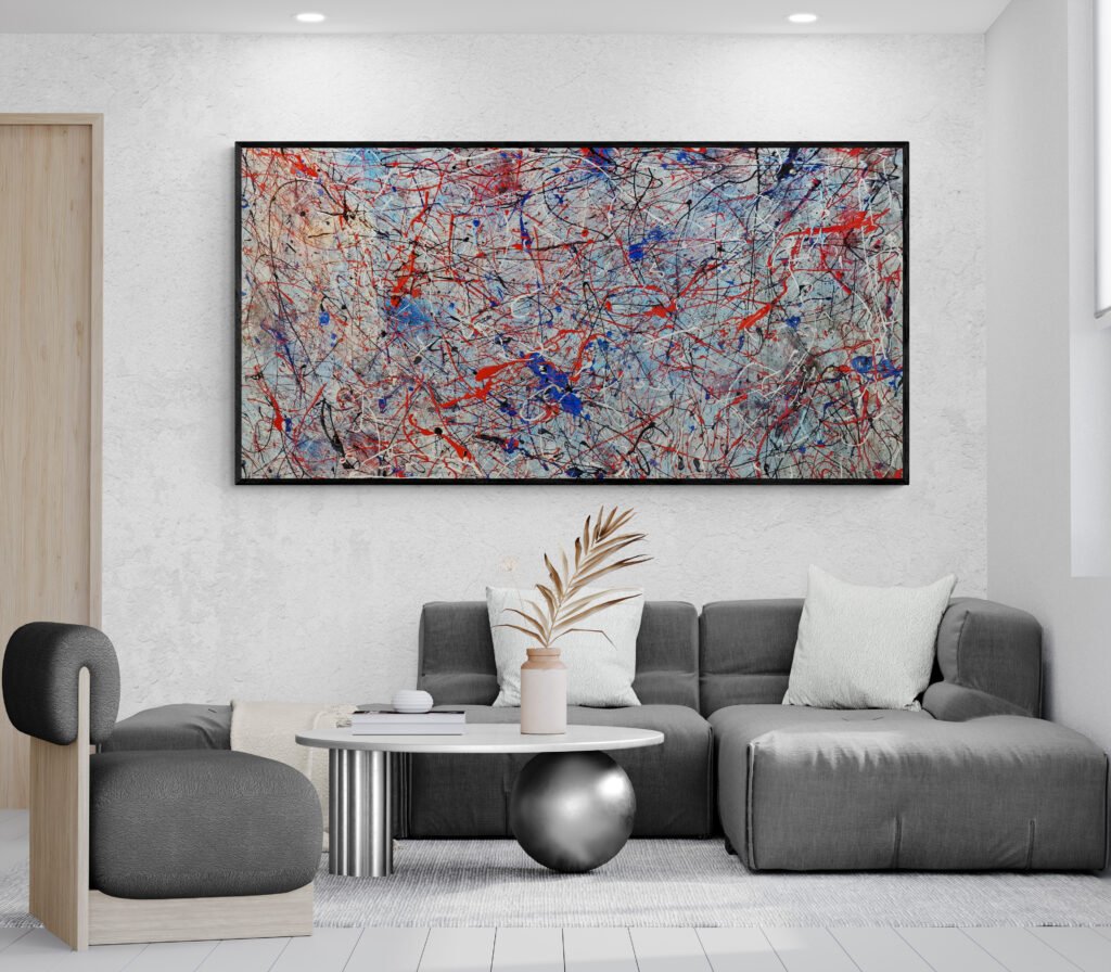 Number 20, Jackson Pollock Inspired Red and Blue Abstract Canvas featured in a cozy living room with a unique coffee table and gray furniture