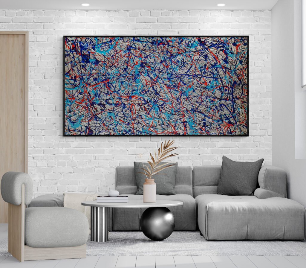 Number 21 – Martini Racing palette abstract artwork, enhancing the decor of a cozy living room with neutral tones and modern furniture