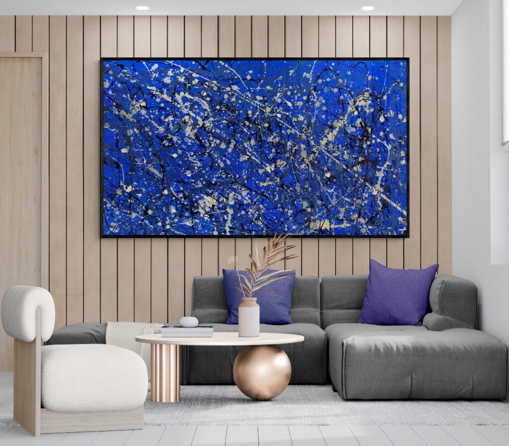 Jackson Pollock Style Blue canvas artwork 'Number 25' in a contemporary living room with a unique coffee table, creating a bold artistic statement