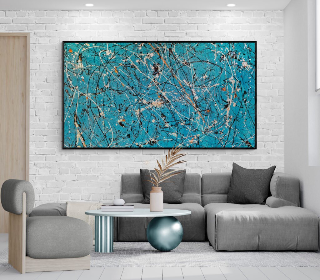 Number 26, turquoise abstract art in Jackson Pollock style, adorning a modern living room with a unique coffee table and minimalist sofa.