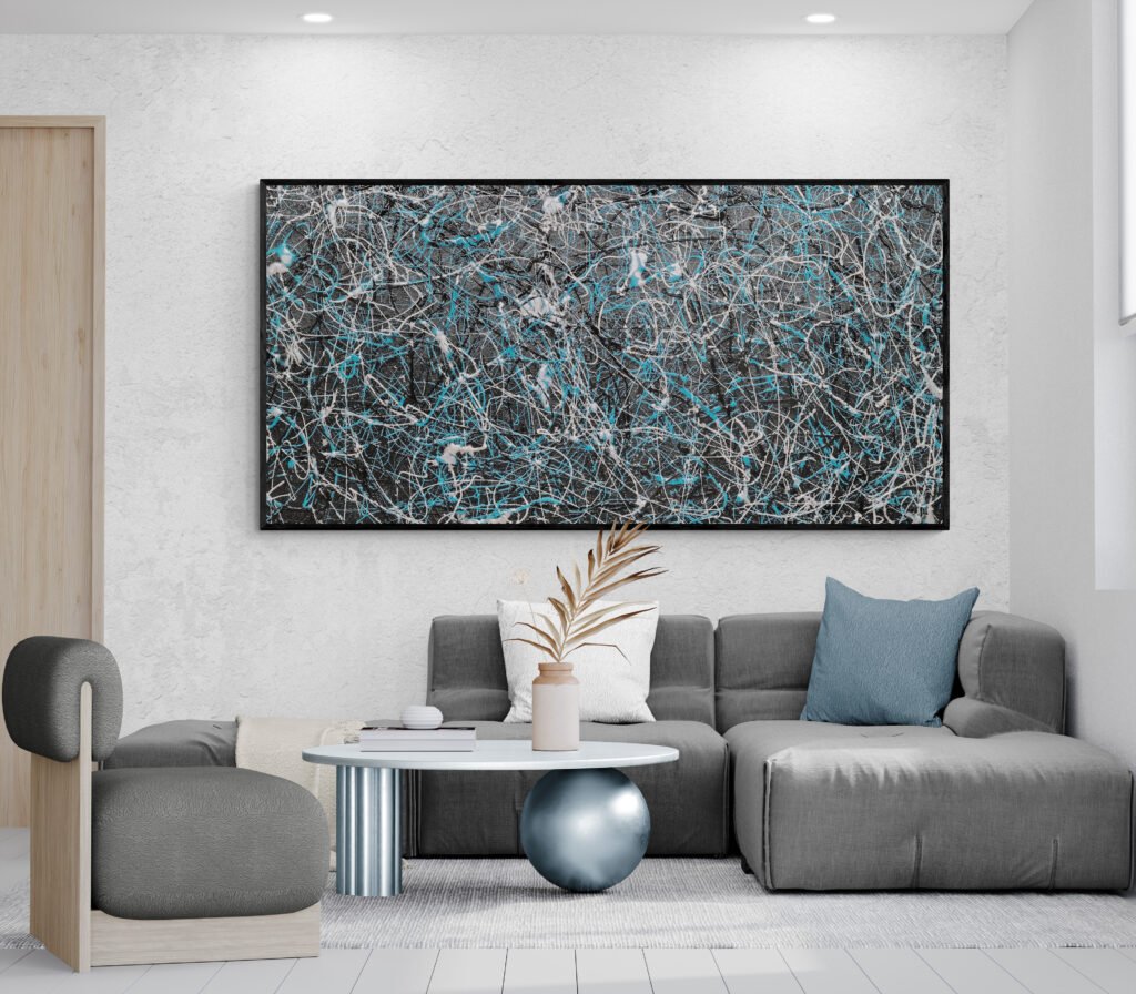 Number 27 – Jackson Pollock Style artwork beautifully placed in a modern living room with a unique coffee table, creating a contemporary aesthetic